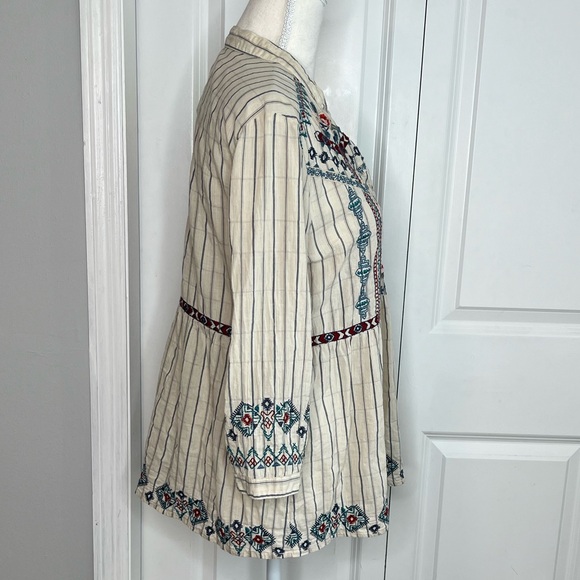 Johnny Was Cream Blue Red Embroidered Floral Stripe Blouse Small Western Fall - Picture 5 of 12